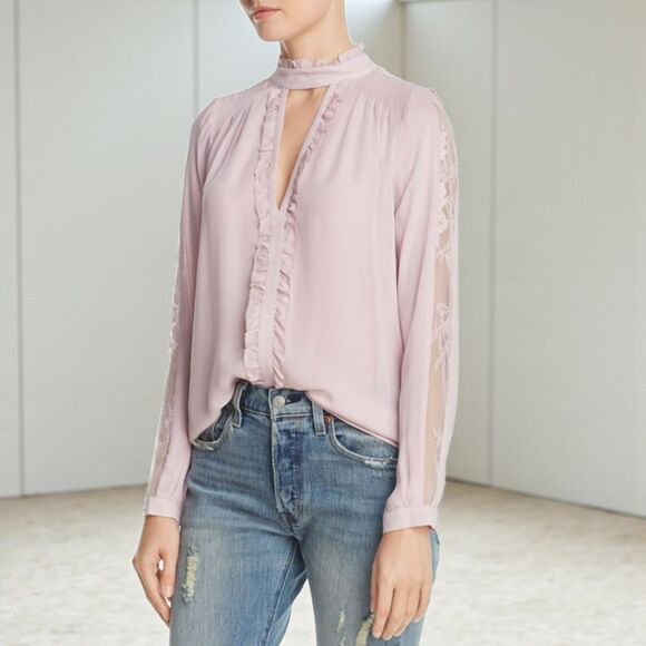 💗 Parker Hannah Silk Blouse S Blush Pink Lace Ruffle Victorian Romantic Keyhole - Picture 1 of 16